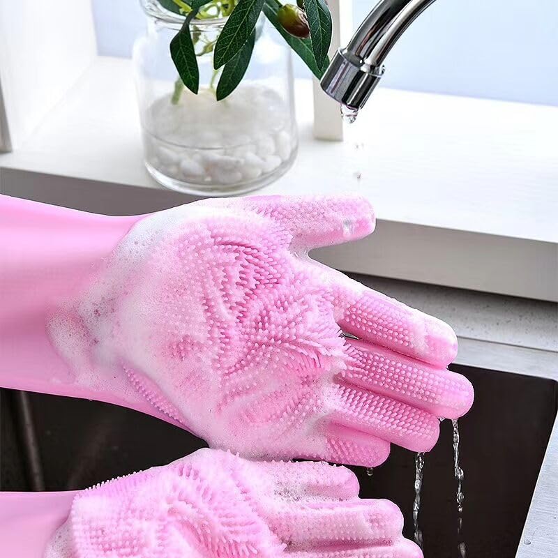 Heavy Duty Silicone Hand Gloves For Dish Washing Cleaning Gloves for Kitchen Bathroom Car Pet Grooming Multicolor 1 Pair  - Image 3