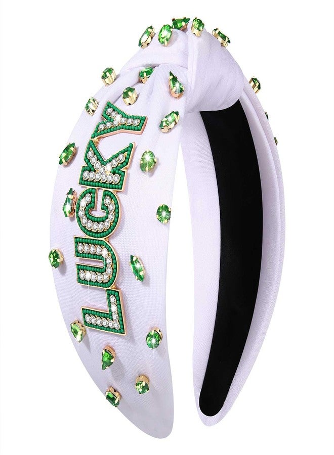 boderier St Patricks Day Headband Rhinestone LUCKY Headband Jeweled Crystal Embellihed Wide Knotted Green Holiday Party Accessories (LUCKY Jewel) - Image 1