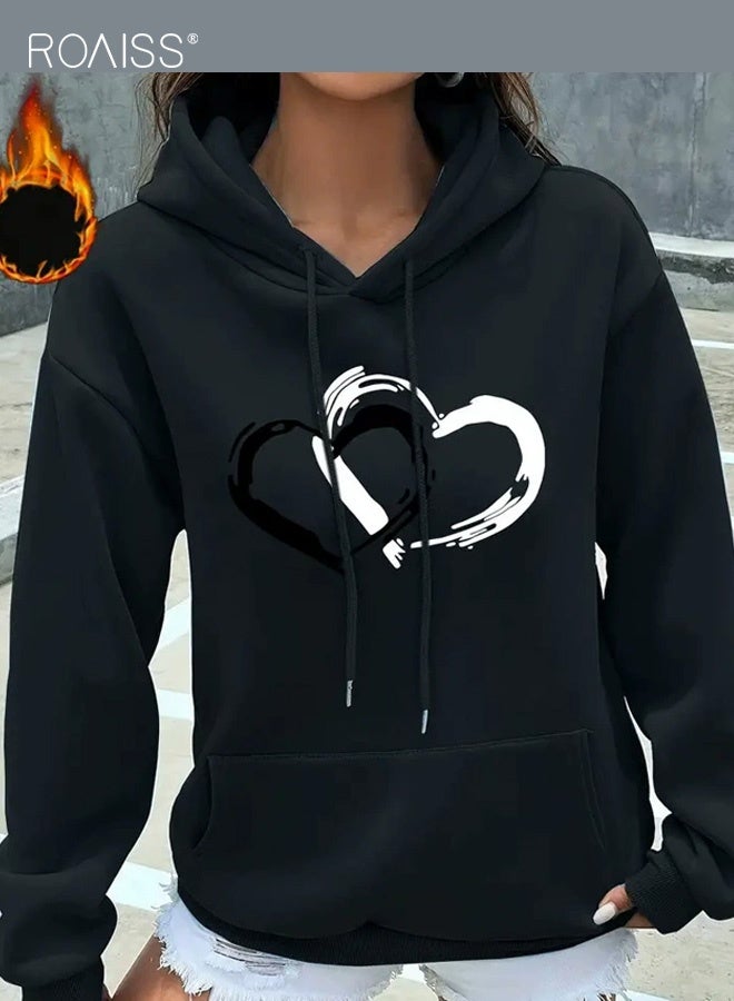roaiss Women's Heart Print Kangaroo Pocket Hoodie Casual Long Sleeve Drawstring Hooded Sweatshirt for Autumn and Winter, Soft Fleece Lined with Ribbed Cuffs for Cozy Comfort - Image 1