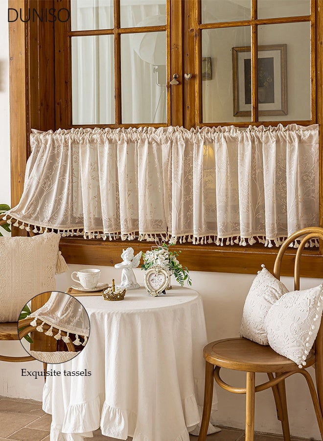 DUNISO Floral Embroidered Sheer Valance Curtain with Tassels Boho Lace Semi-Sheer Rod Pocket Short Curtain Farmhouse Window Treatment for Kitchen, Cafe, Bathroom - Image 1