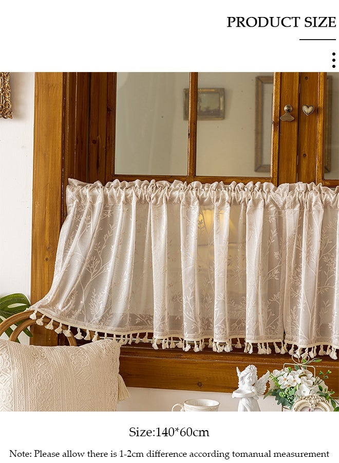 DUNISO Floral Embroidered Sheer Valance Curtain with Tassels Boho Lace Semi-Sheer Rod Pocket Short Curtain Farmhouse Window Treatment for Kitchen, Cafe, Bathroom - Image 2