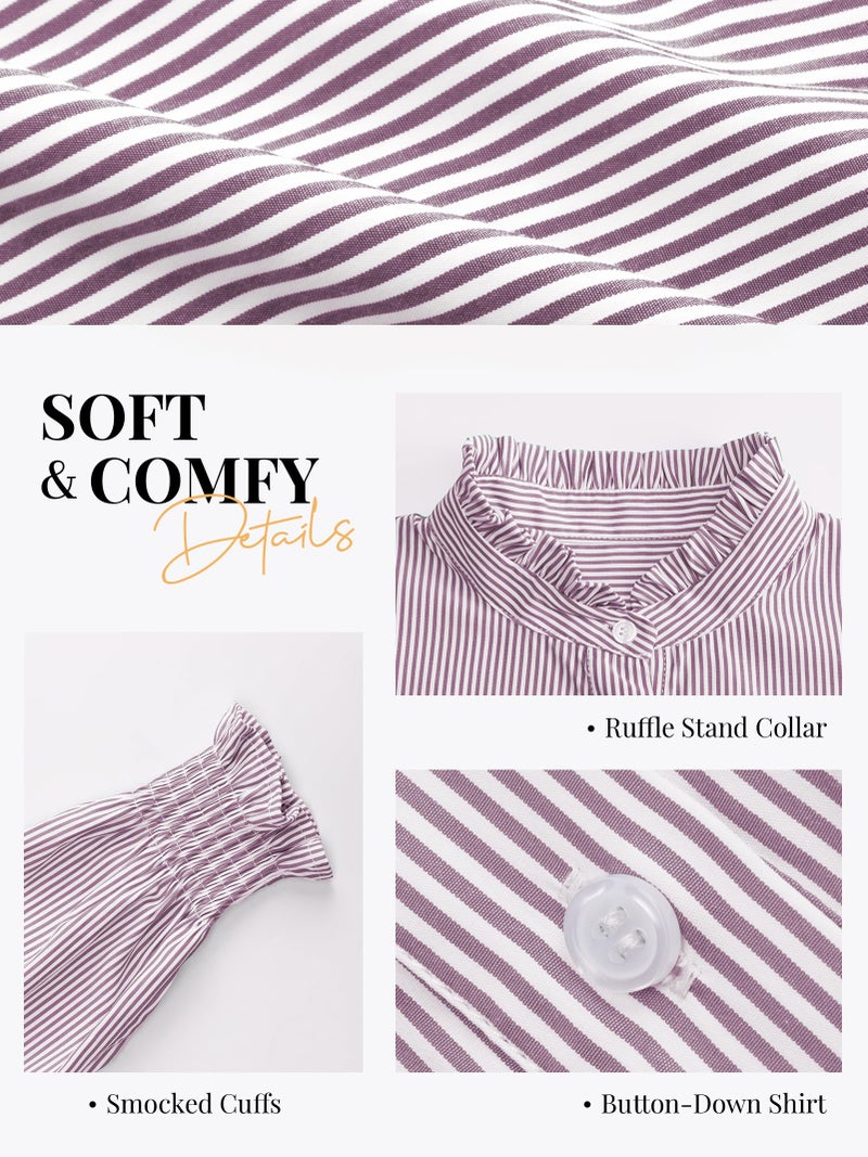 Funlingo Striped Button Down Shirts for Women Fashion 2026 Long Sleeve Smocked Cuffed Boyfriend Blouses Ladies Ruffle Collar Spring Work Tops Purple White XL - Image 5