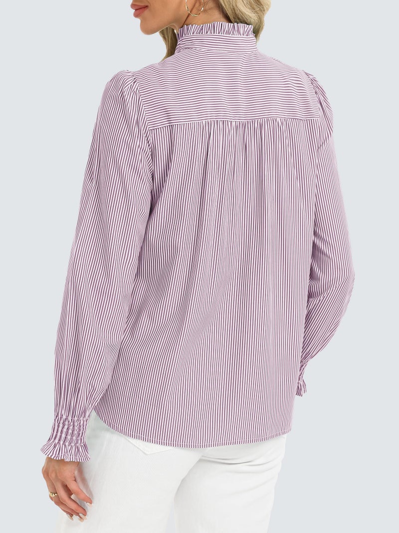 Funlingo Striped Button Down Shirts for Women Fashion 2026 Long Sleeve Smocked Cuffed Boyfriend Blouses Ladies Ruffle Collar Spring Work Tops Purple White XL - Image 4