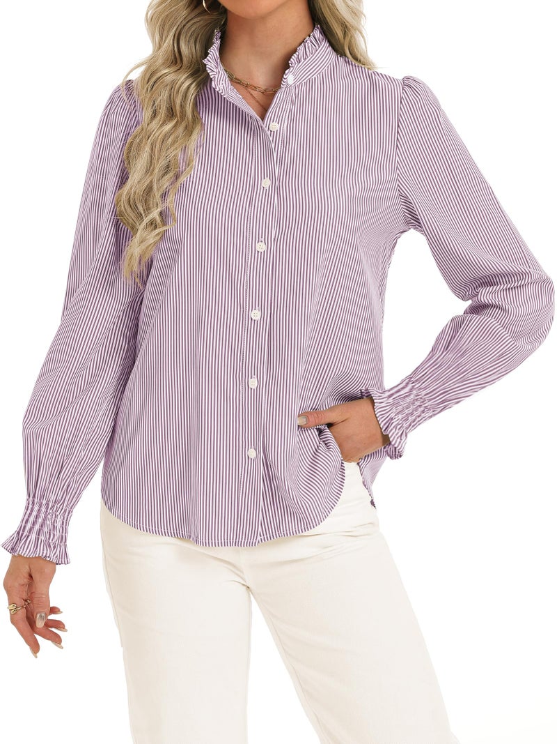 Funlingo Striped Button Down Shirts for Women Fashion 2026 Long Sleeve Smocked Cuffed Boyfriend Blouses Ladies Ruffle Collar Spring Work Tops Purple White XL - Image 1
