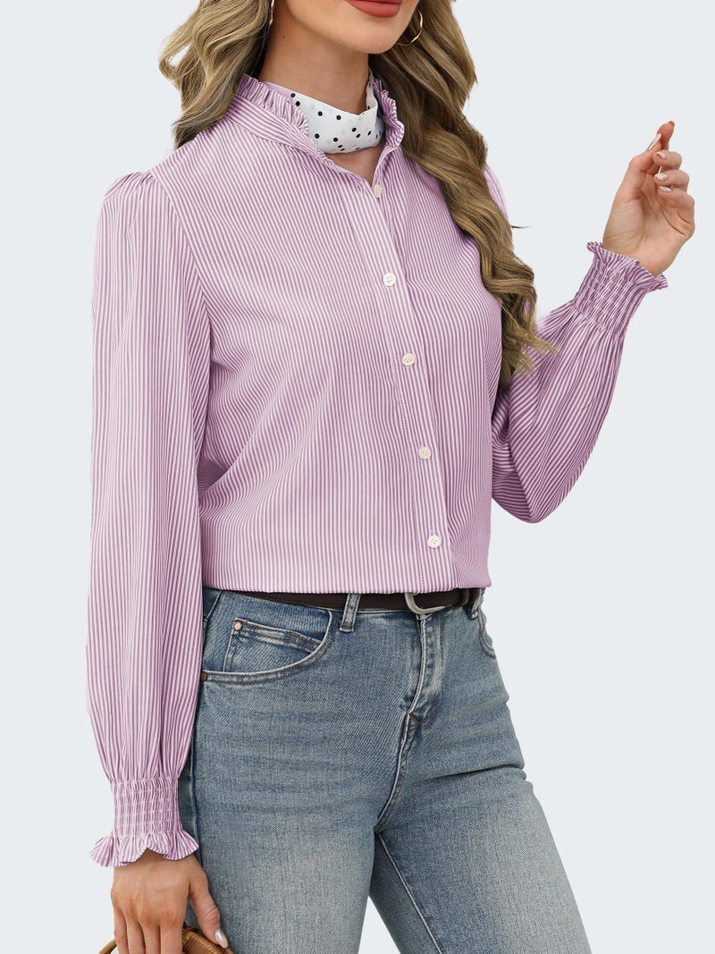 Funlingo Striped Button Down Shirts for Women Fashion 2026 Long Sleeve Smocked Cuffed Boyfriend Blouses Ladies Ruffle Collar Spring Work Tops Purple White XL - Image 3