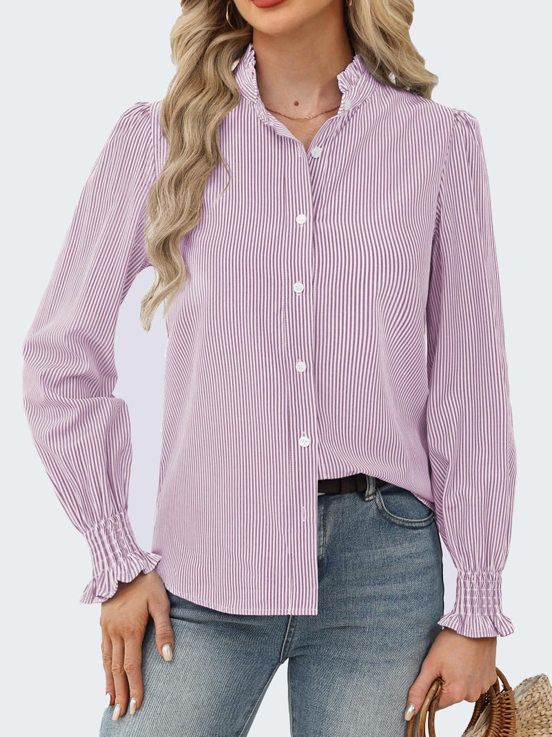 Funlingo Striped Button Down Shirts for Women Fashion 2026 Long Sleeve Smocked Cuffed Boyfriend Blouses Ladies Ruffle Collar Spring Work Tops Purple White XL - Image 2