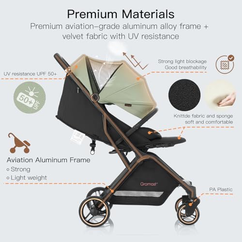 Gromast Gravity Folding Baby Stroller - Portable Travel Toddler Stroller w/Adjustable Backrest & Canopy, Cup Holder, Lightweight and UV Protected, One-Hand Automatic Folding - Green - Image 5