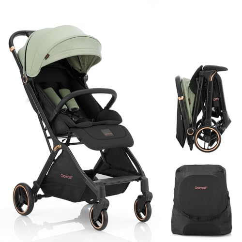 Gromast Gravity Folding Baby Stroller - Portable Travel Toddler Stroller w/Adjustable Backrest & Canopy, Cup Holder, Lightweight and UV Protected, One-Hand Automatic Folding - Green - Image 1