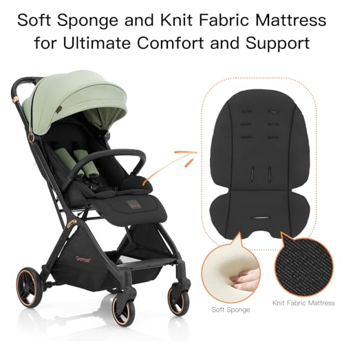 Gromast Gravity Folding Baby Stroller - Portable Travel Toddler Stroller w/Adjustable Backrest & Canopy, Cup Holder, Lightweight and UV Protected, One-Hand Automatic Folding - Green - Image 3
