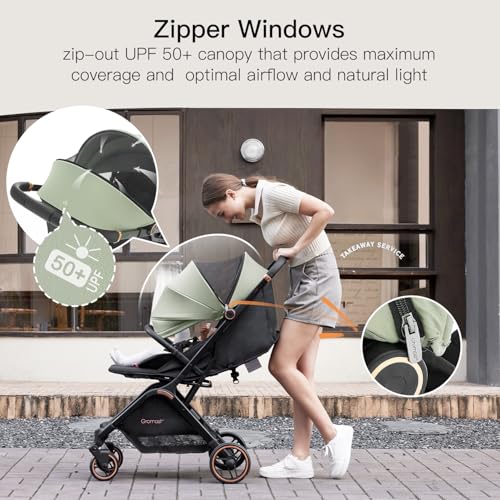 Gromast Gravity Folding Baby Stroller - Portable Travel Toddler Stroller w/Adjustable Backrest & Canopy, Cup Holder, Lightweight and UV Protected, One-Hand Automatic Folding - Green - Image 4
