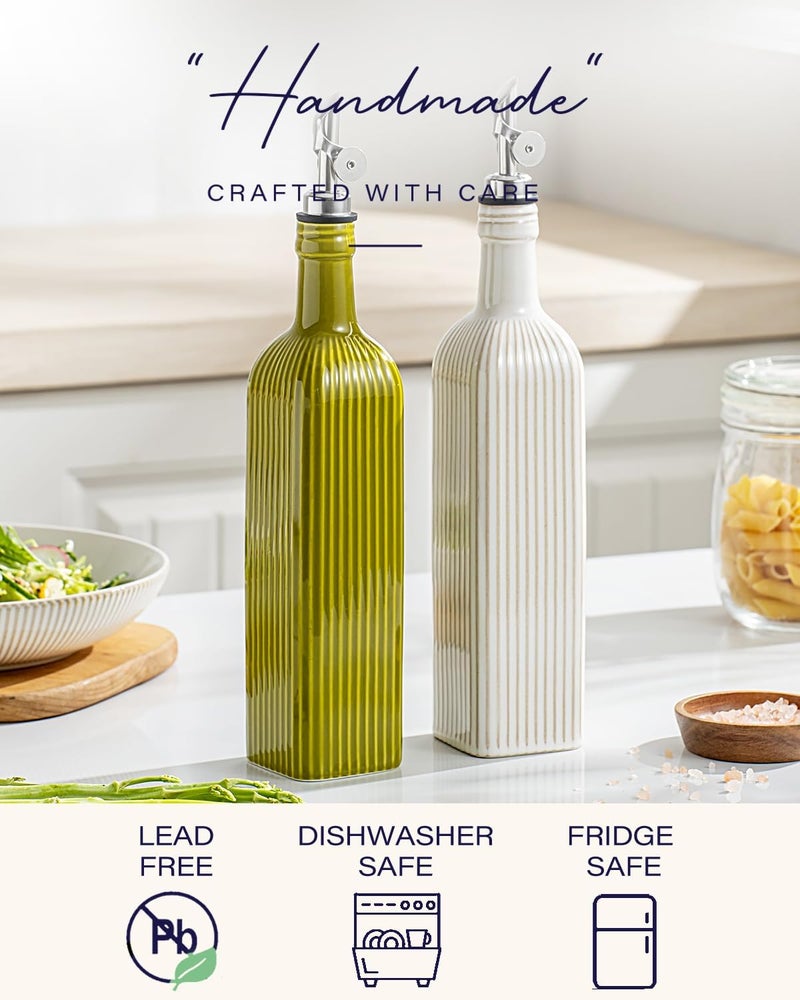 GET STAR 18 oz Olive Oil Dispenser Bottle for Kitchen, Ceramic Oil Bottle with Automatic Stainless Steel Pourer (Silver Pourer, Olive Green) - Image 5
