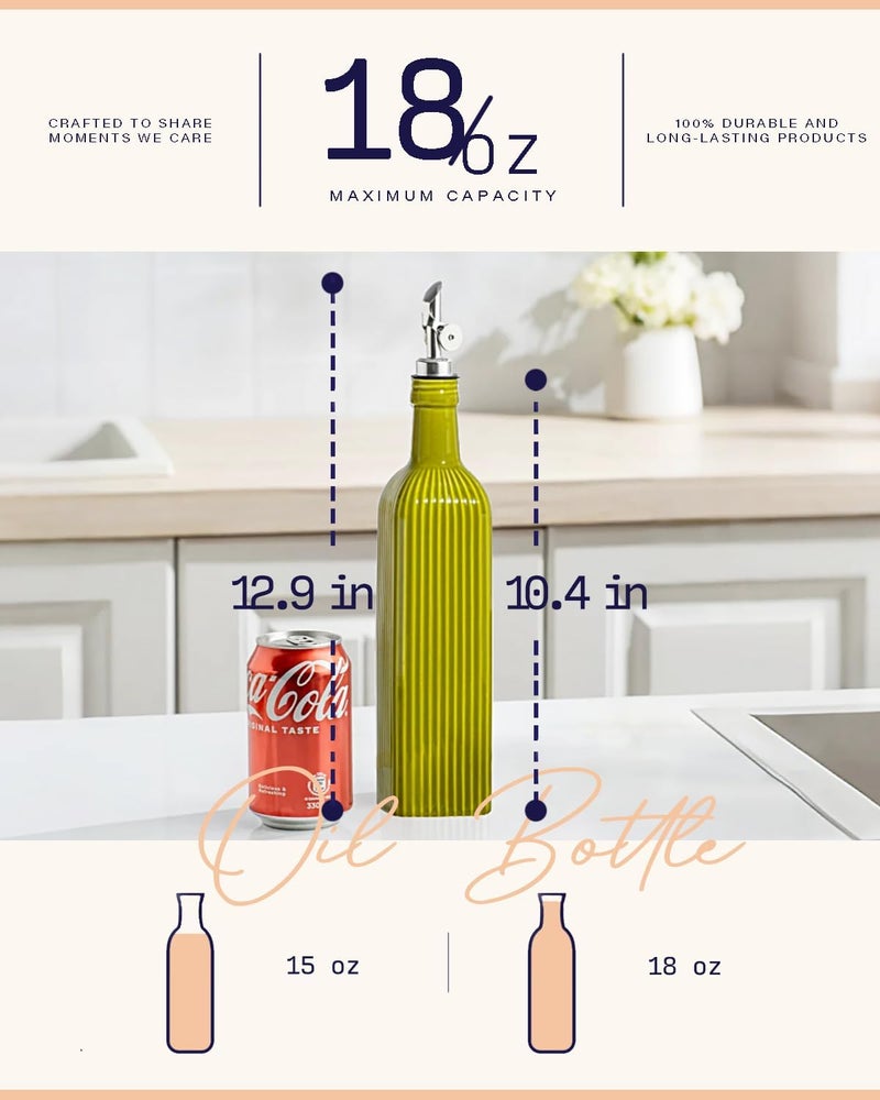 GET STAR 18 oz Olive Oil Dispenser Bottle for Kitchen, Ceramic Oil Bottle with Automatic Stainless Steel Pourer (Silver Pourer, Olive Green) - Image 4