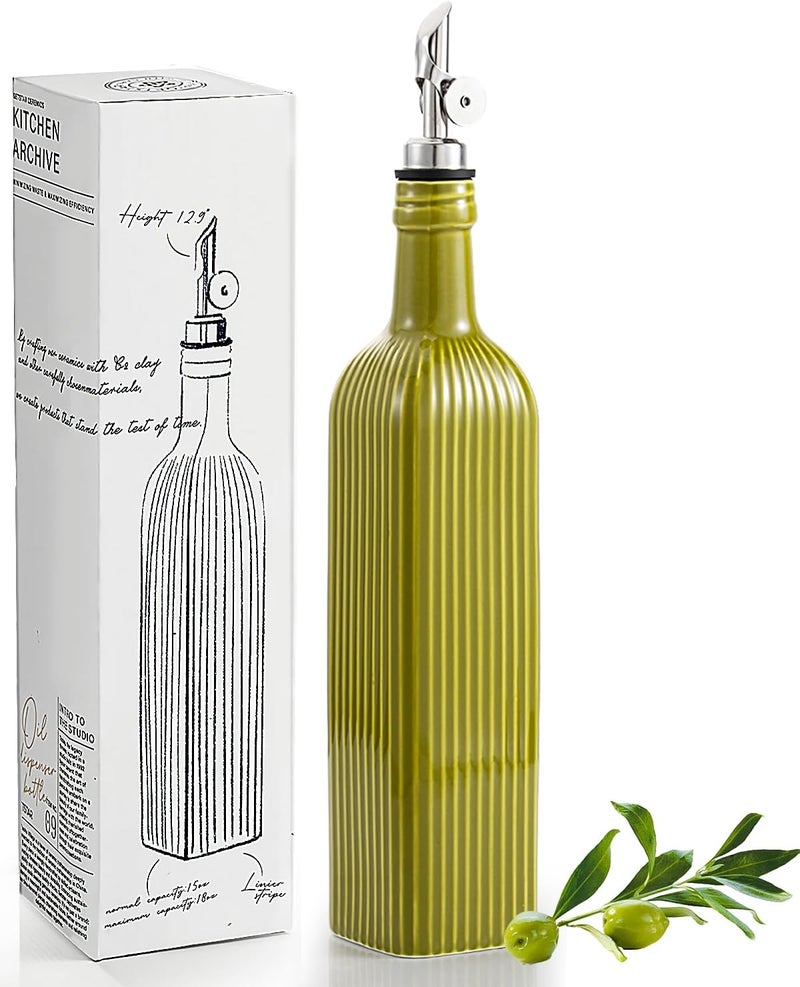 GET STAR 18 oz Olive Oil Dispenser Bottle for Kitchen, Ceramic Oil Bottle with Automatic Stainless Steel Pourer (Silver Pourer, Olive Green) - Image 1