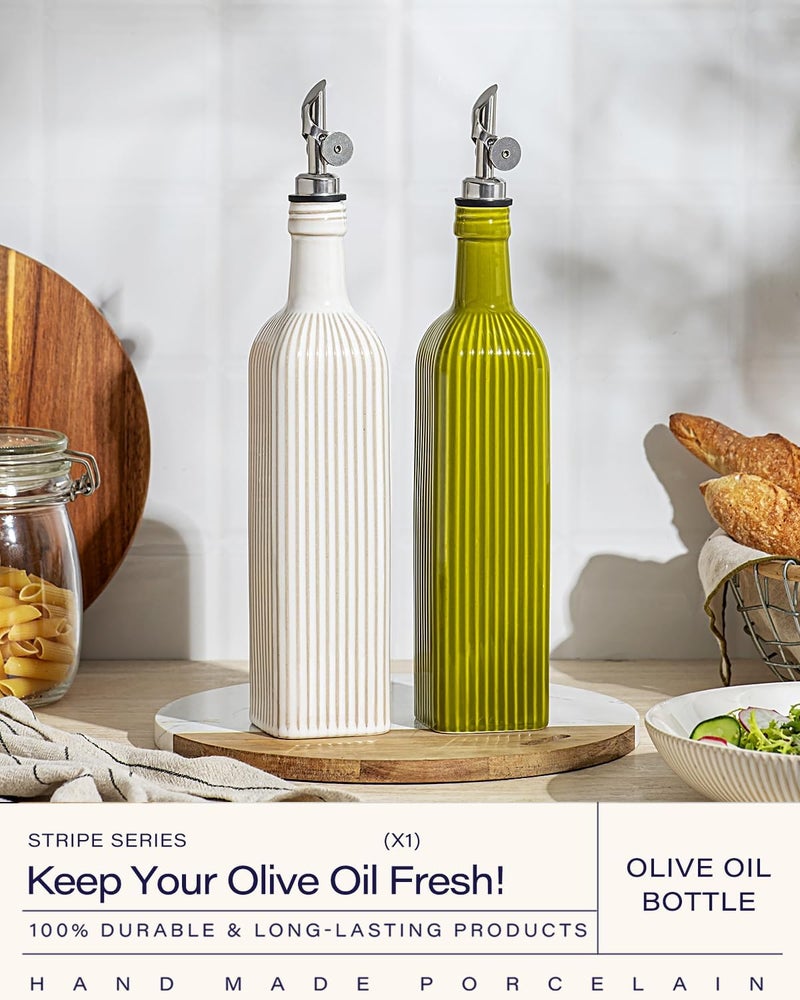 GET STAR 18 oz Olive Oil Dispenser Bottle for Kitchen, Ceramic Oil Bottle with Automatic Stainless Steel Pourer (Silver Pourer, Olive Green) - Image 2