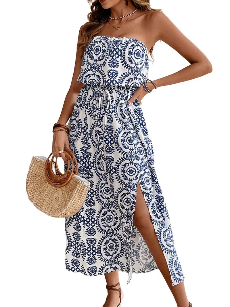 HELYO Women's Ruffle Floral Maxi Summer Casual Dress Off Shoulder Wedding Guest Slit Hem Beach Prom Dresses 7225 Blue White M - Image 1