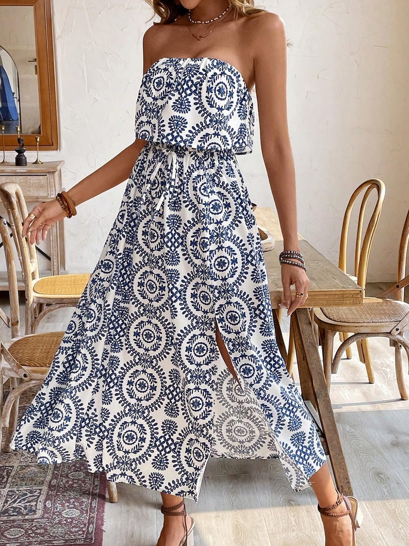 HELYO Women's Ruffle Floral Maxi Summer Casual Dress Off Shoulder Wedding Guest Slit Hem Beach Prom Dresses 7225 Blue White M - Image 5