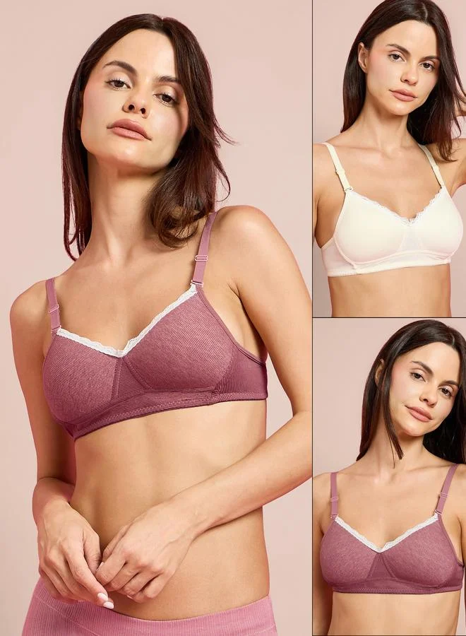 ستايلي Pack of 2 - Padded Non Wired Rib T-Shirt Bra with Lace Detail