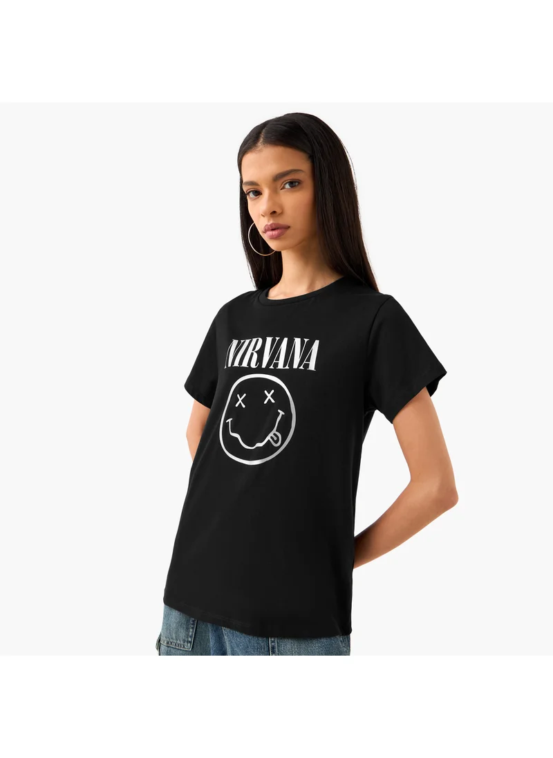 اس بي كاركترز Nirvana Print Crew Neck T-shirt with Short Sleeves