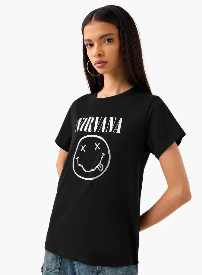 Nirvana Print Crew Neck T-shirt with Short Sleeves