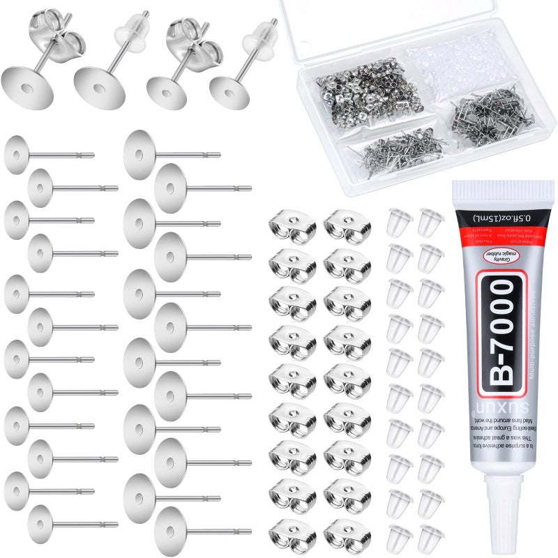 Anezus Jewelry Glue With 600pcs Stainless Steel Earring Posts and Backs - Hypoallergenic Blanks With Rubber Backs for Jewelry Making Supplies and Findings - Image 1