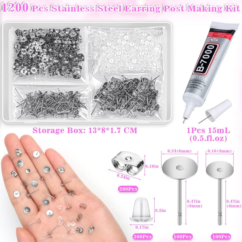 Anezus Jewelry Glue With 600pcs Stainless Steel Earring Posts and Backs - Hypoallergenic Blanks With Rubber Backs for Jewelry Making Supplies and Findings - Image 3