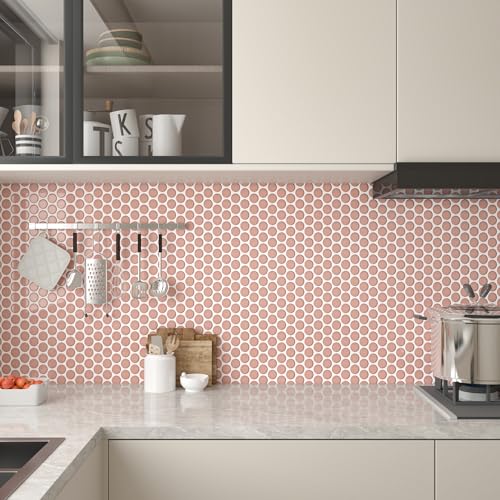 CHIHUT 16 Sheets 12x12 Pink Penny Round Peel and Stick Backsplash Tiles Thick Waterproof Self Adhesive Stick on Backsplash for Bathroom Kitchen Removable Renter Friendly Wall Tiles for Living Room - Image 3