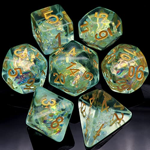 Haxtec Light Green DND Dice Set 7PCS Filled Resin Polyhedral DD Dice WIridescent Mylar Inclusion for Roleplaying Games Compatible with Dungeons and Dragons Gift - Image 1