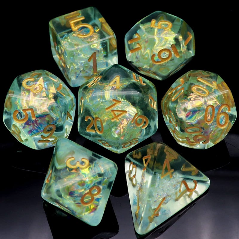Haxtec Light Green DND Dice Set 7PCS Filled Resin Polyhedral DD Dice WIridescent Mylar Inclusion for Roleplaying Games Compatible with Dungeons and Dragons Gift - Image 3