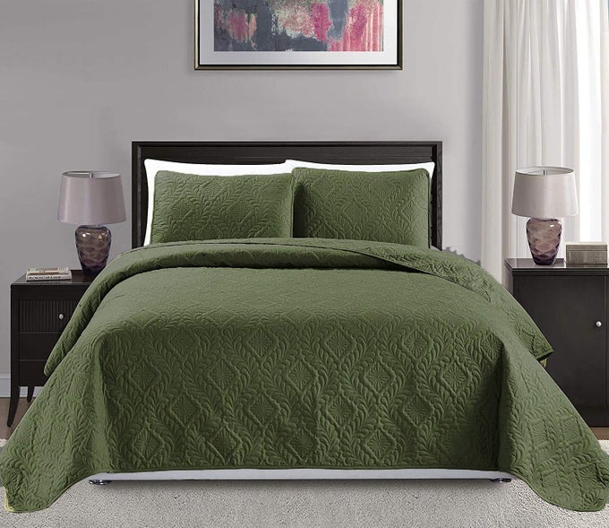 MK COLLECTION KINGCALIFORNIA KING OVER SIZE 118X106 3 PC DIAMOND BEDSPREAD BEDCOVER EMBOSSED SOLID OLIVE GREEN