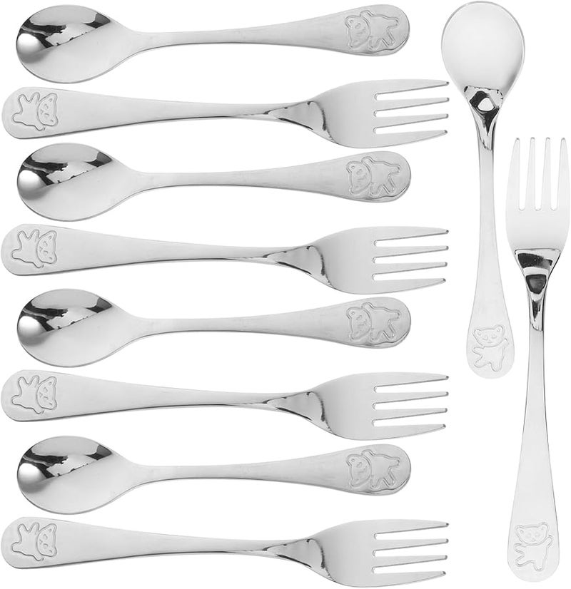 Kids Bear Handle Dining Utensil Set 5 Pieces Stainless Steel Forks Spoons Dishwasher Safe - Image 1