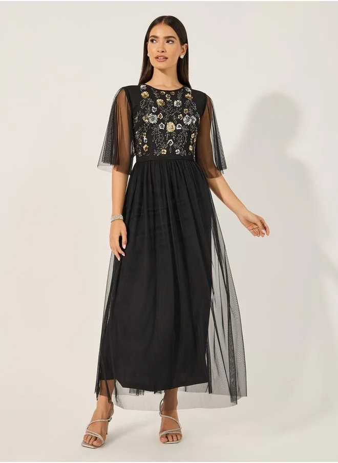 ستايلي Styli Embellished Short Sleeves A-Line Mesh Maxi Dress