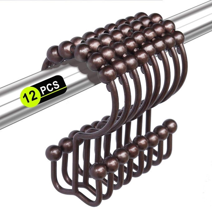 SHOWER CURTAIN HOOKS RINGS FOR BATHROOM 12PCS STAINLESS STEEL METAL RUST RESISTANT BALANCE SLIDING DOUBLE CURTAIN HOOKS BRONZE