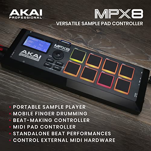 AKAI Professional MPX8 - وحدة تحكم لوحات العينات المحمولة مع 8 لوحات حساسة للسرعة جاهزة للأداء، اتصال MIDI وفتحة بطاقة SD مدمجة - Image 2