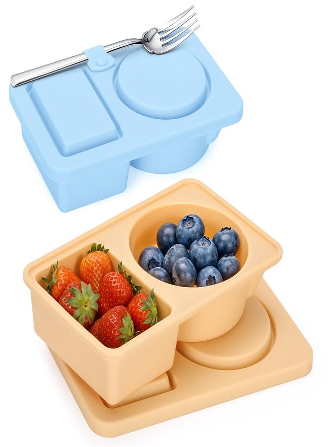 AGIFTMIND 2 PCS Silicone Snack Containers with Lids, Reusable Snack Containers Lunch Box with Double Compartment for Fruits Jams Condiments (Khaki&Blue, 2Pcs) - Image 1
