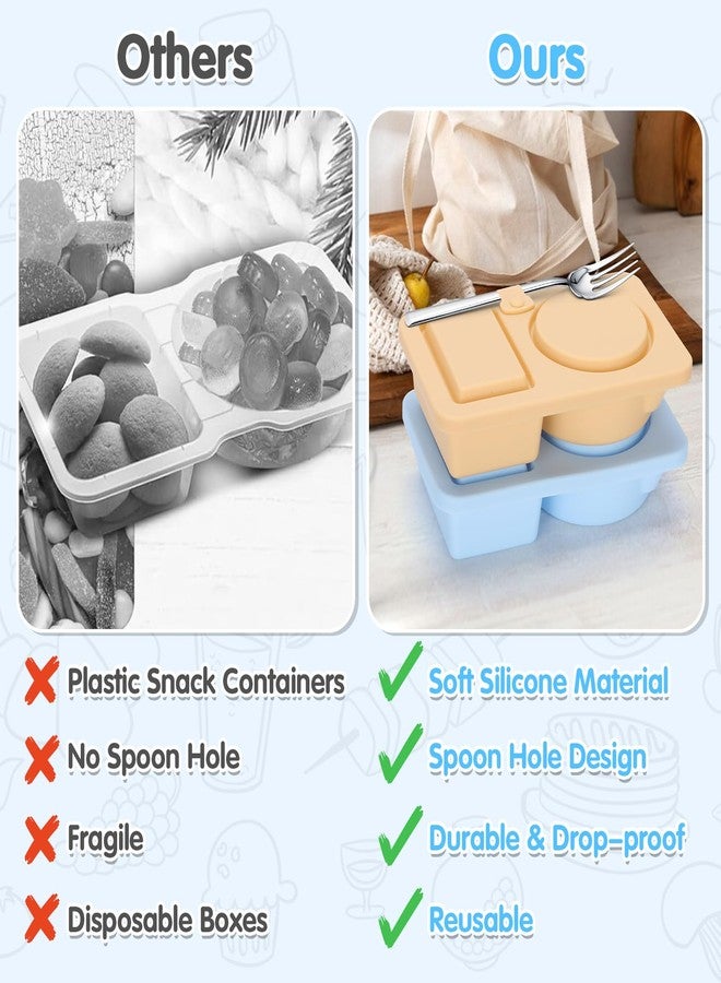 AGIFTMIND 2 PCS Silicone Snack Containers with Lids, Reusable Snack Containers Lunch Box with Double Compartment for Fruits Jams Condiments (Khaki&Blue, 2Pcs) - Image 5