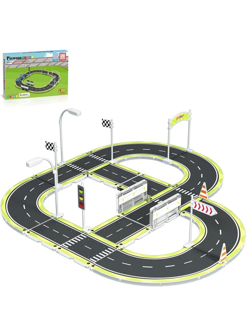 PicassoTiles مجموعة بلاط بيكاسو المغناطيسية للطريق المطبوع 28 قطعة | متوافقة مع بلاط المغناطيس | مسار سباق مغناطيسي | كتل بناء | ألعاب STEM | مجموعة ألعاب تعليمية | كتل تكديس | مجموعة بناء للتطوير العقلي للأطفال - Image 1