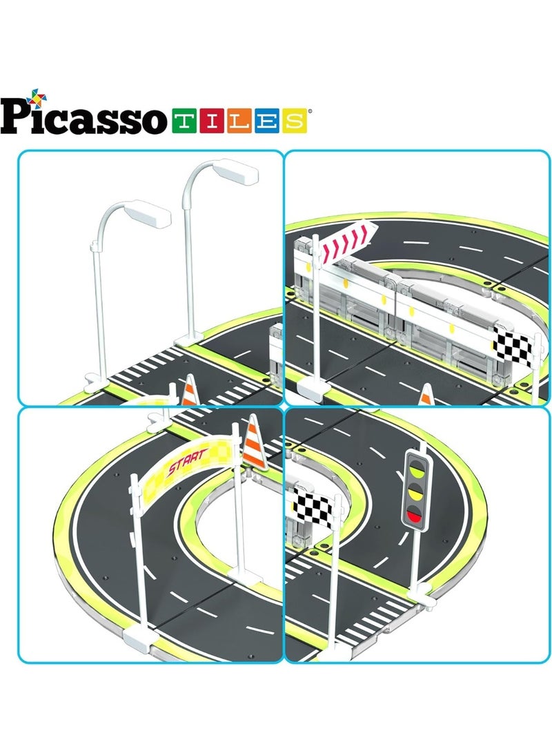 PicassoTiles مجموعة بلاط بيكاسو المغناطيسية للطريق المطبوع 28 قطعة | متوافقة مع بلاط المغناطيس | مسار سباق مغناطيسي | كتل بناء | ألعاب STEM | مجموعة ألعاب تعليمية | كتل تكديس | مجموعة بناء للتطوير العقلي للأطفال - Image 2