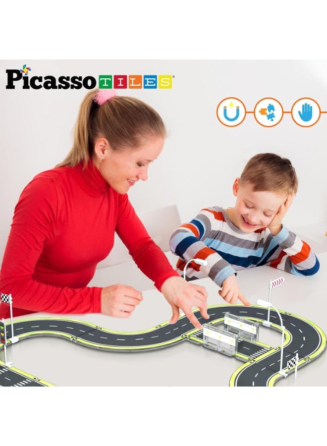 PicassoTiles مجموعة بلاط بيكاسو المغناطيسية للطريق المطبوع 28 قطعة | متوافقة مع بلاط المغناطيس | مسار سباق مغناطيسي | كتل بناء | ألعاب STEM | مجموعة ألعاب تعليمية | كتل تكديس | مجموعة بناء للتطوير العقلي للأطفال - Image 4