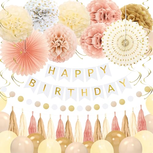 YTHETM Champagne Gold Fall Boho Birthday Decorations for Women Girls Beige Cream Neutral Party Decorations Happy Birthday Banner Balloons Tissue Pom Poms Paper Fans Streamers Party Decor - Image 1