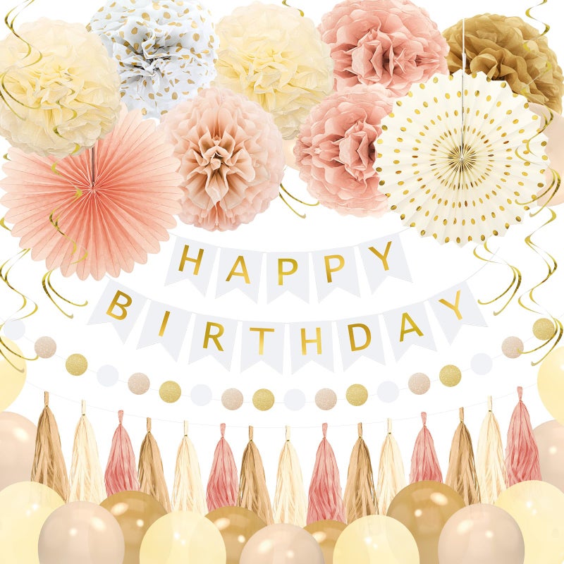 YTHETM Champagne Gold Fall Boho Birthday Decorations for Women Girls Beige Cream Neutral Party Decorations Happy Birthday Banner Balloons Tissue Pom Poms Paper Fans Streamers Party Decor - Image 2