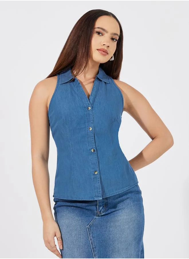 ستايلي Regular Fit Sleeveless Denim Shirt