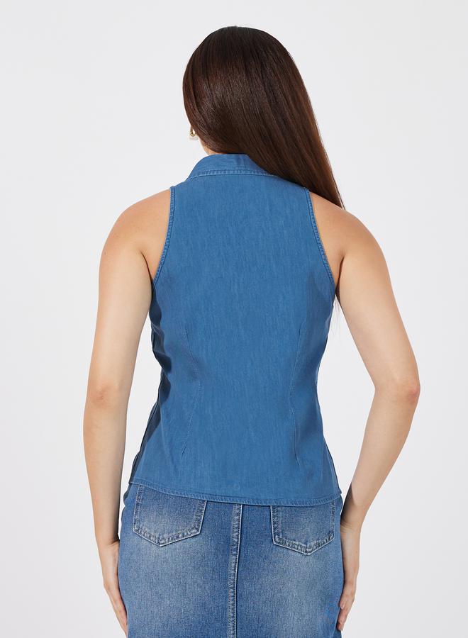 Styli Regular Fit Sleeveless Denim Shirt  - Image 4