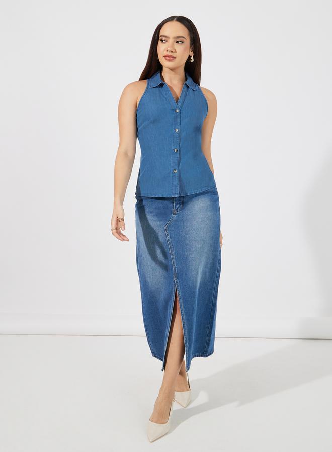 Styli Regular Fit Sleeveless Denim Shirt  - Image 2
