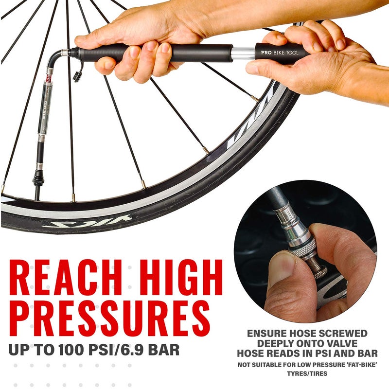 PRO BIKE TOOL Bike Pump with Gauge Fits Presta and Schrader - Accurate Inflation - Mini Bicycle Tire Pump for Road, Mountain and BMX Bikes, High Pressure 100 PSI, Includes Mount Kit - Image 3