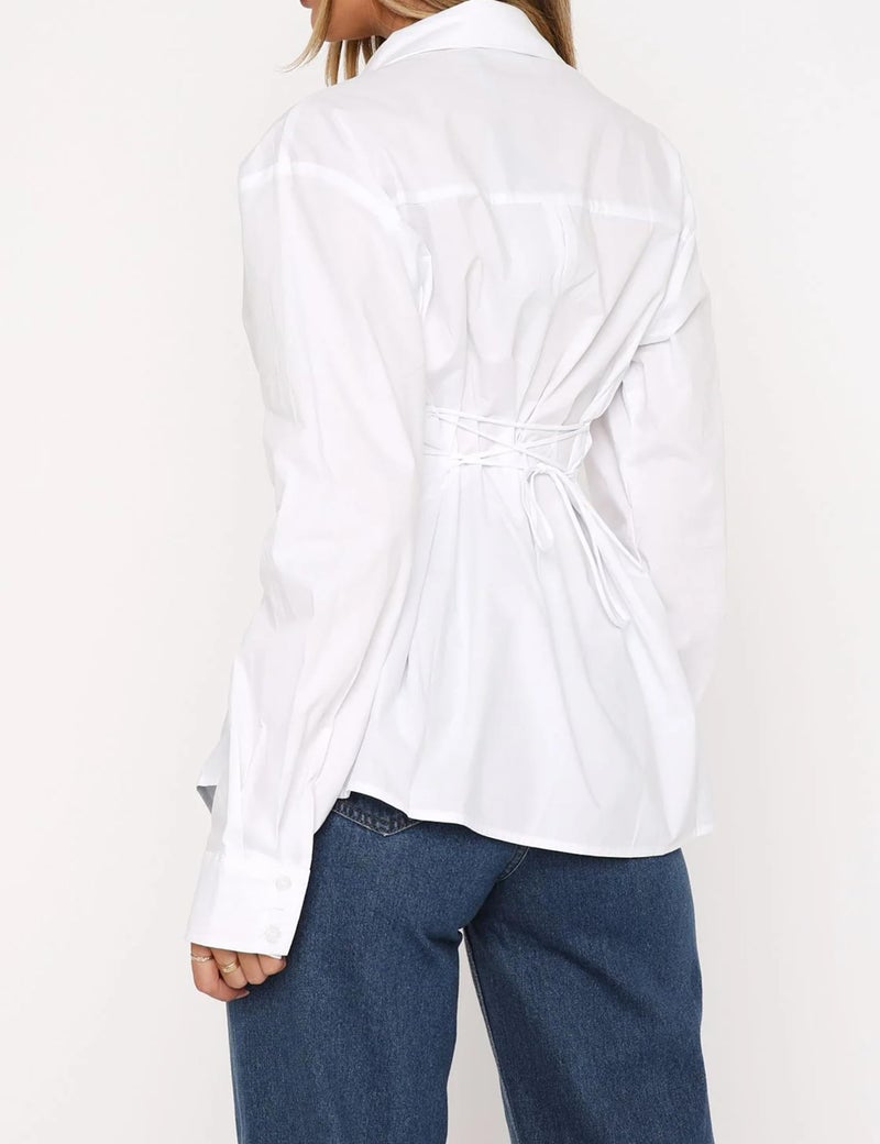 MISSACTIVER Women's Lapel Collar Button Down Shirt Cinch Waist Long Sleeve Casual Work Dressy Tunics Blouse Corset Tops White - Image 5