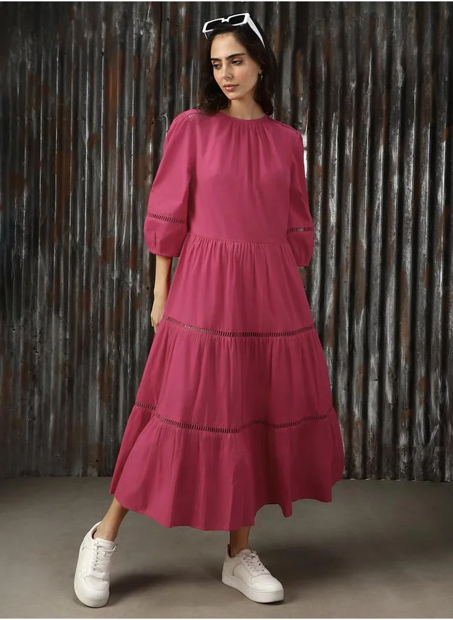 HIGH STAR Puff Sleeve Fit & Flare Maxi Cotton With Lace Detail Dress