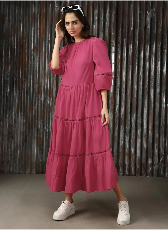 HIGH STAR Puff Sleeve Fit & Flare Maxi Cotton With Lace Detail Dress