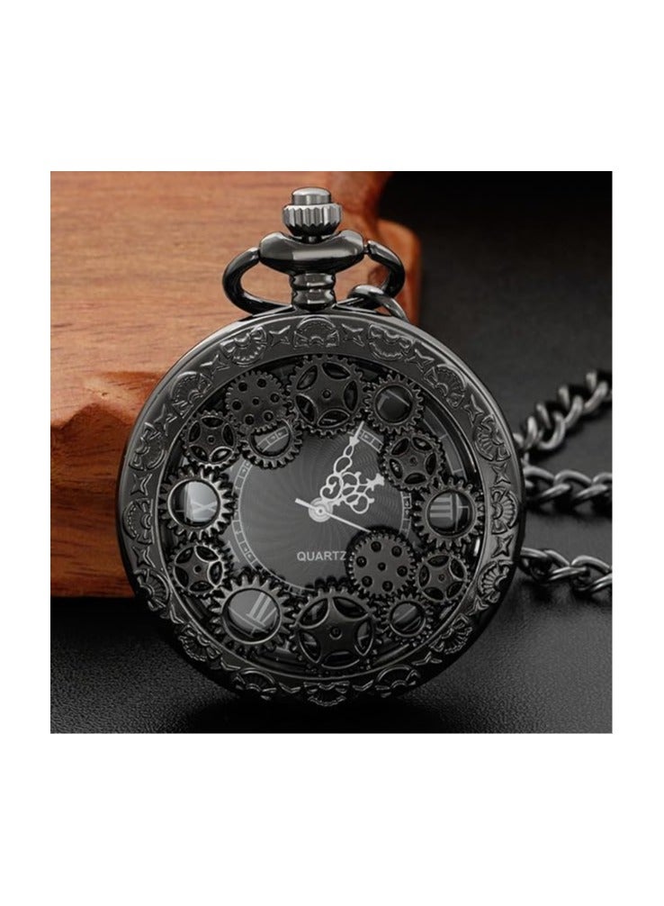 SwitchMe Black Gear Hollow Pattern Pocket Watch Black Roman Numeral Scale Quartz Pocket Watches for Men - Image 2