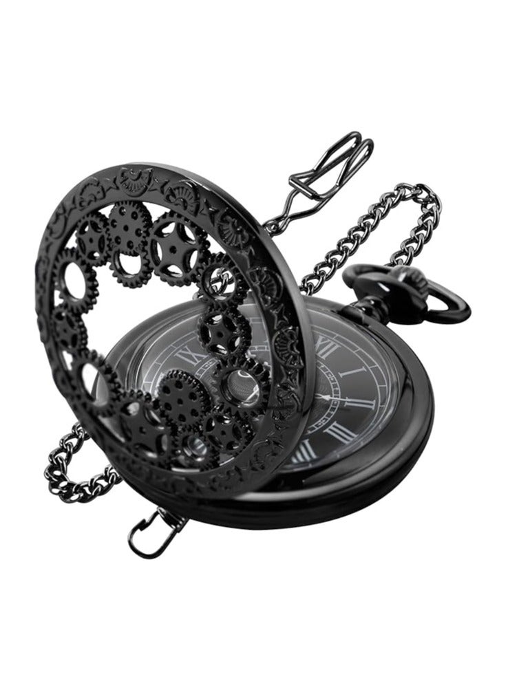 SwitchMe Black Gear Hollow Pattern Pocket Watch Black Roman Numeral Scale Quartz Pocket Watches for Men - Image 1