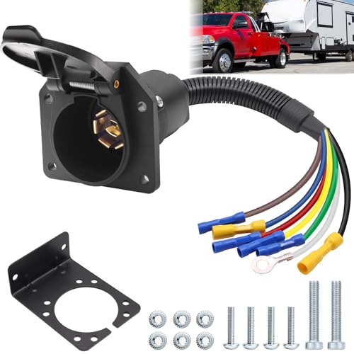 Ruibapa 7 Pin Trailer Plug,7 Way RV Trailer Light Connector Socket, 7 Prong Trailer Plug Wiring Harness Adapter Quick Converter with Mounting Bracket,for RV,Camper,Truck,Trailer, 7 Blade Trailer Plug - Image 1